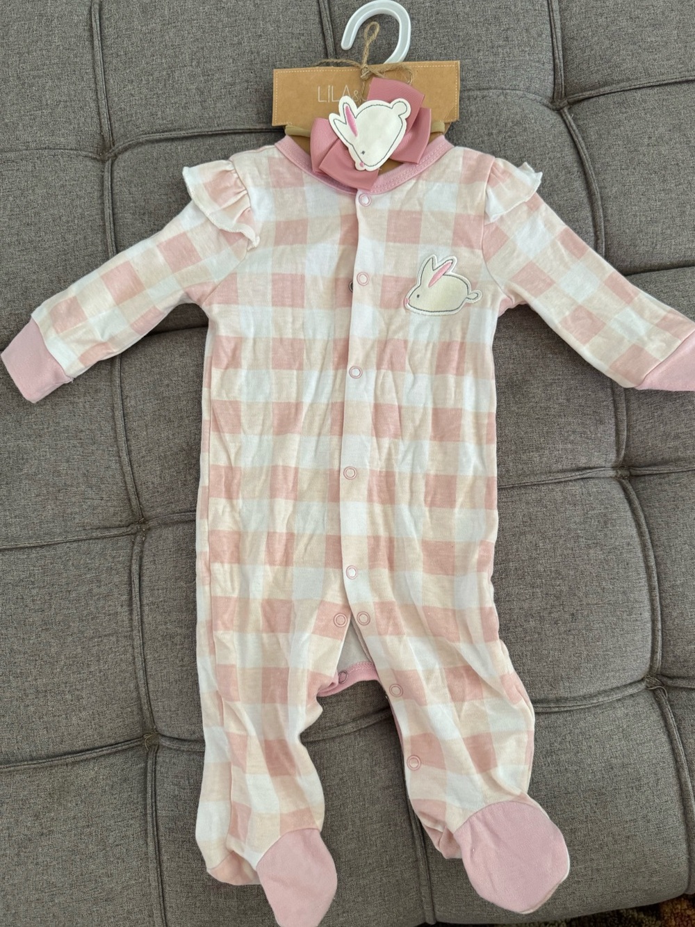 NWT Lila & Jack pink Gingham Baby One-Piece Footed Sleeper with bow Easter bunny